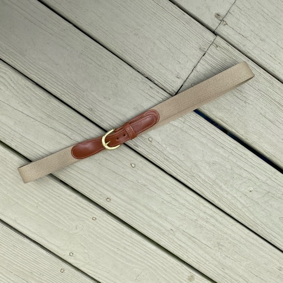 Preston Accessories - Preston - Tan canvas 1 1/4”W belt & brown leather trim, brass buckle, Size: 40